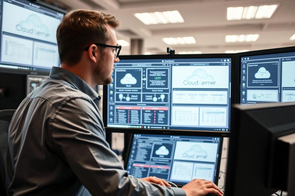 IT professional analyzing cloud infrastructure diagrams on multiple screens
