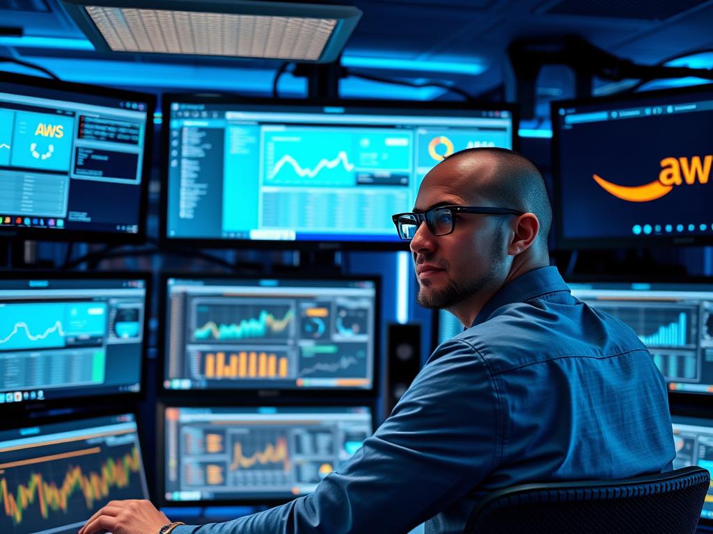 IT professional monitoring multiple AWS cloud dashboards in a managed service environment