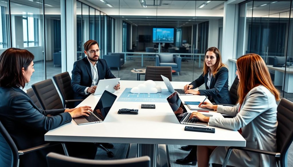 IT professionals discussing cloud assessment strategy at a conference table