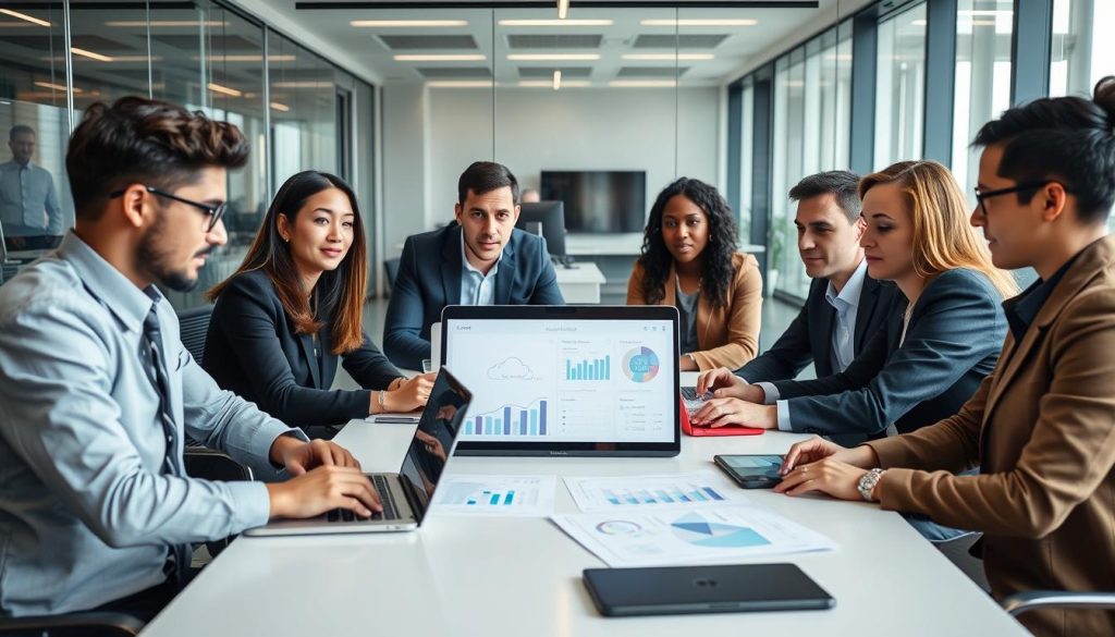 IT professionals discussing cloud cost optimization strategies in a modern office environment IT professionals discussing cloud cost optimization strategies in a modern office environment