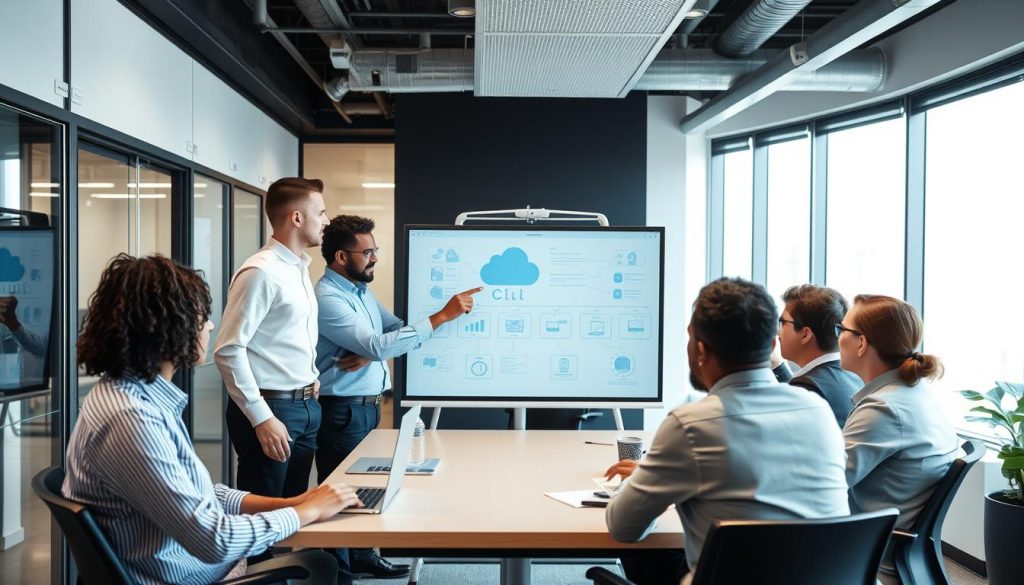 IT professionals discussing cloud enablement strategy around a digital whiteboard IT professionals discussing cloud enablement strategy around a digital whiteboard