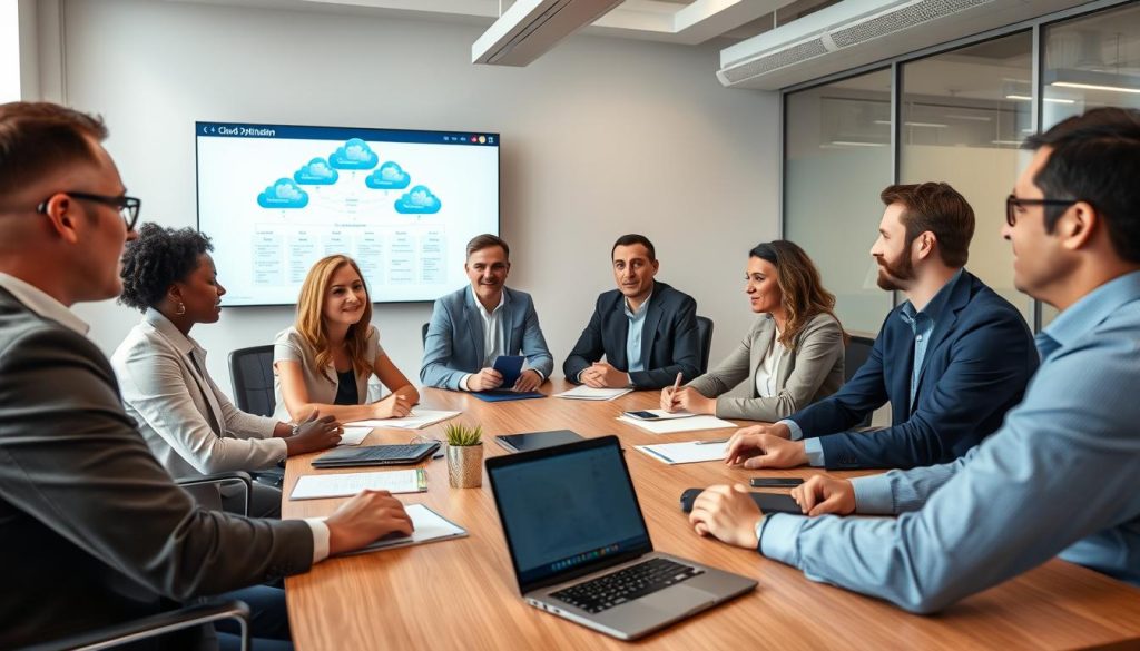 IT professionals discussing cloud optimization implementation strategies around a conference table