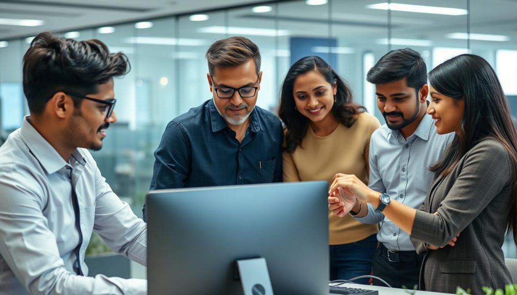 IT professionals from an Indian managed service provider collaborating in a modern office environment