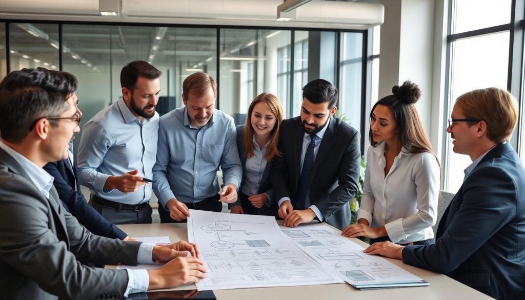 IT professionals planning cloud migration optimization strategy at a conference table IT professionals planning cloud migration optimization strategy at a conference table