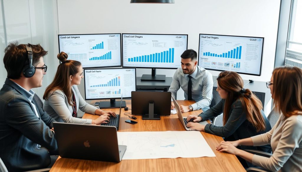 IT professionals reviewing cloud cost data on a laptop during a cloud cost optimization assessment