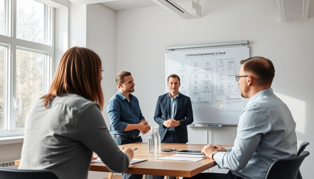 IT säkerhet team i möte om kontinuerliga förbättringar