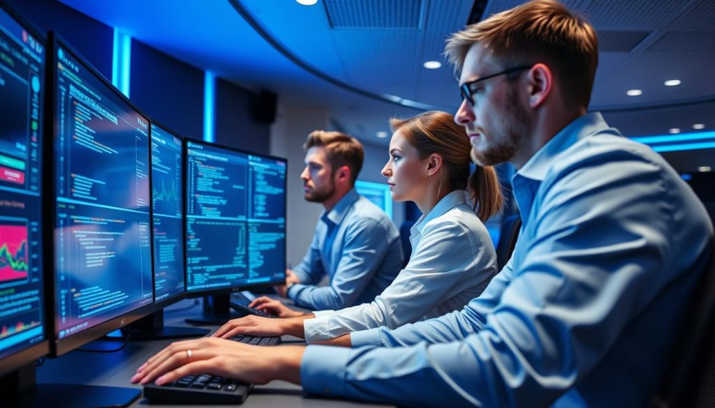 IT-säkerhetsexperter från Opsio analyserar säkerhetshot i ett kontrollrum IT-säkerhetsexperter från Opsio analyserar säkerhetshot i ett kontrollrum