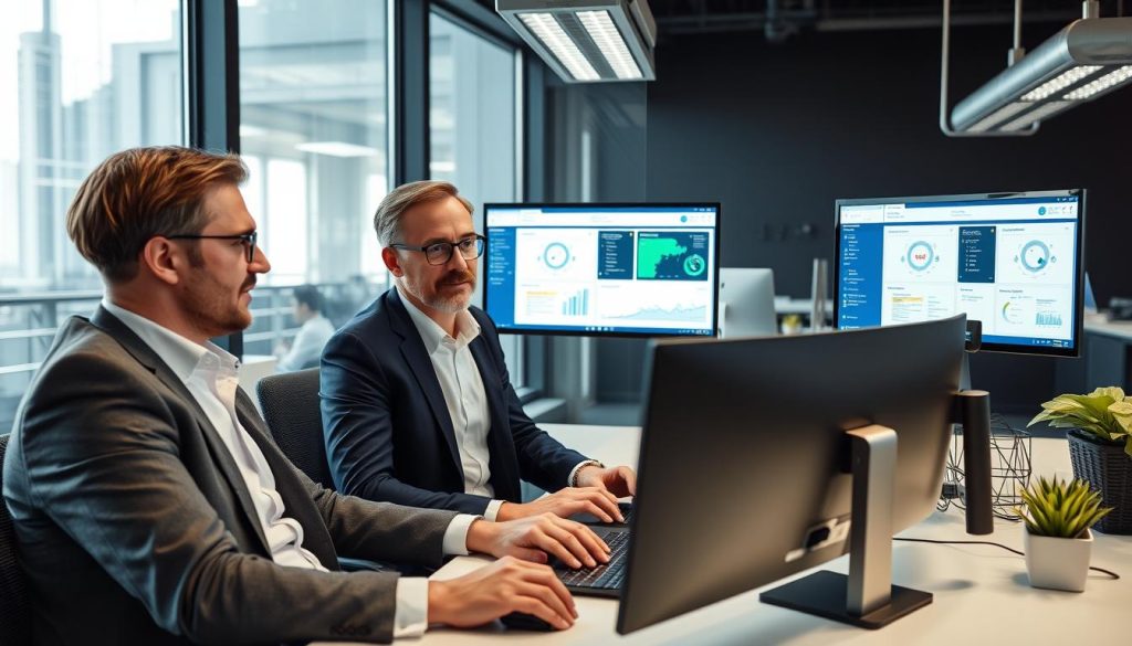 IT-säkerhetsexperter som samarbetar vid datorer för att implementera NIS2-krav