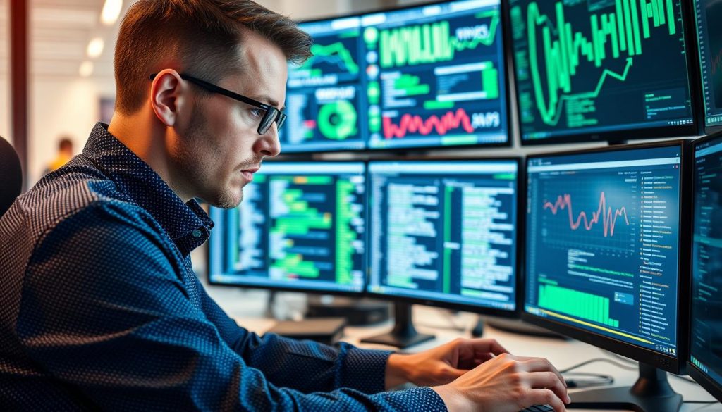 IT-säkerhetsspecialist analyserar säkerhetsdata på flera skärmar