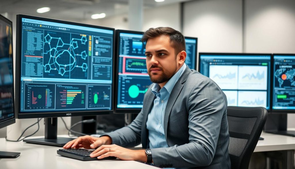 IT security professional analyzing network security assessment results on multiple screens