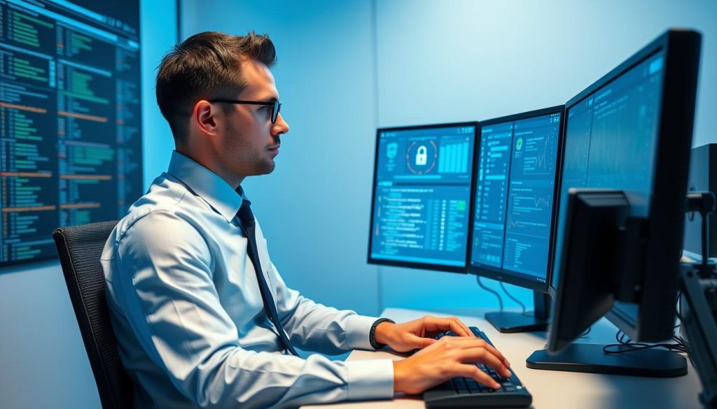 IT-säkerhetsexpert som analyserar data om nätverkssäkerhet på flera skärmar IT-säkerhetsexpert som analyserar data om nätverkssäkerhet på flera skärmar