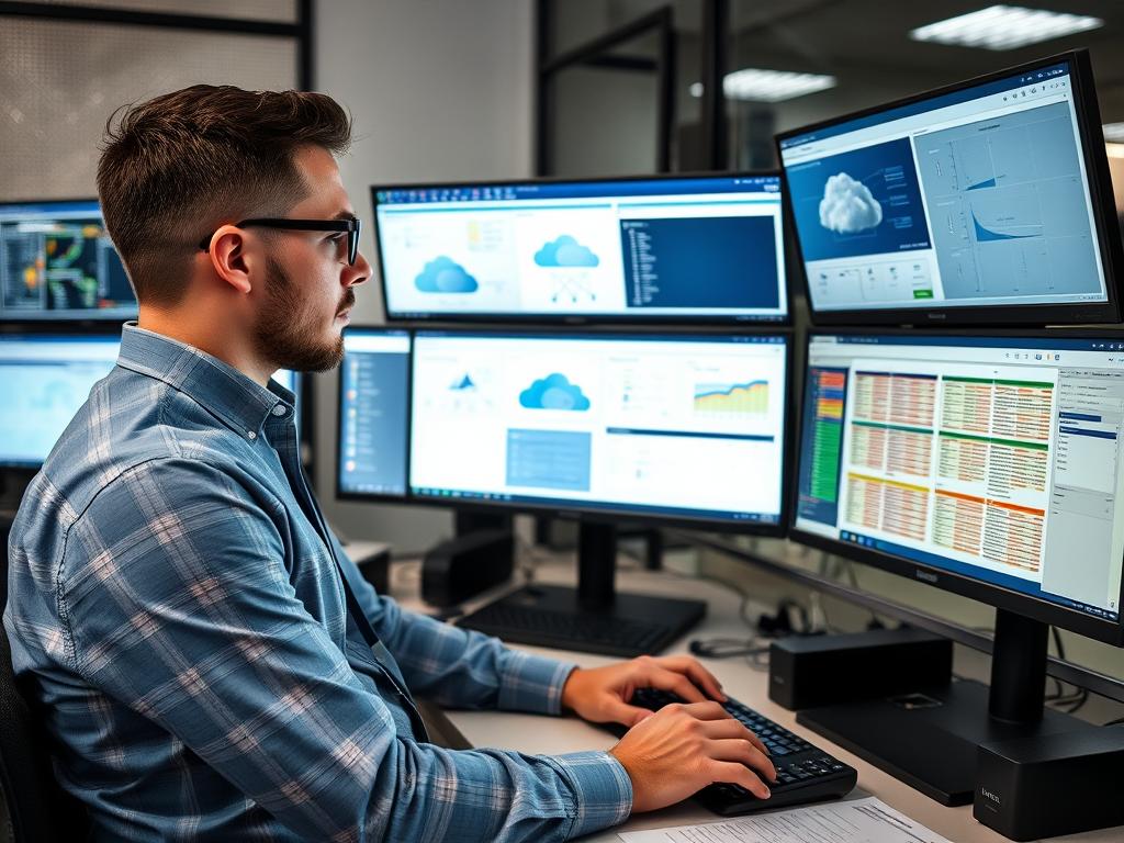 IT specialist analyzing cloud infrastructure diagrams on multiple screens