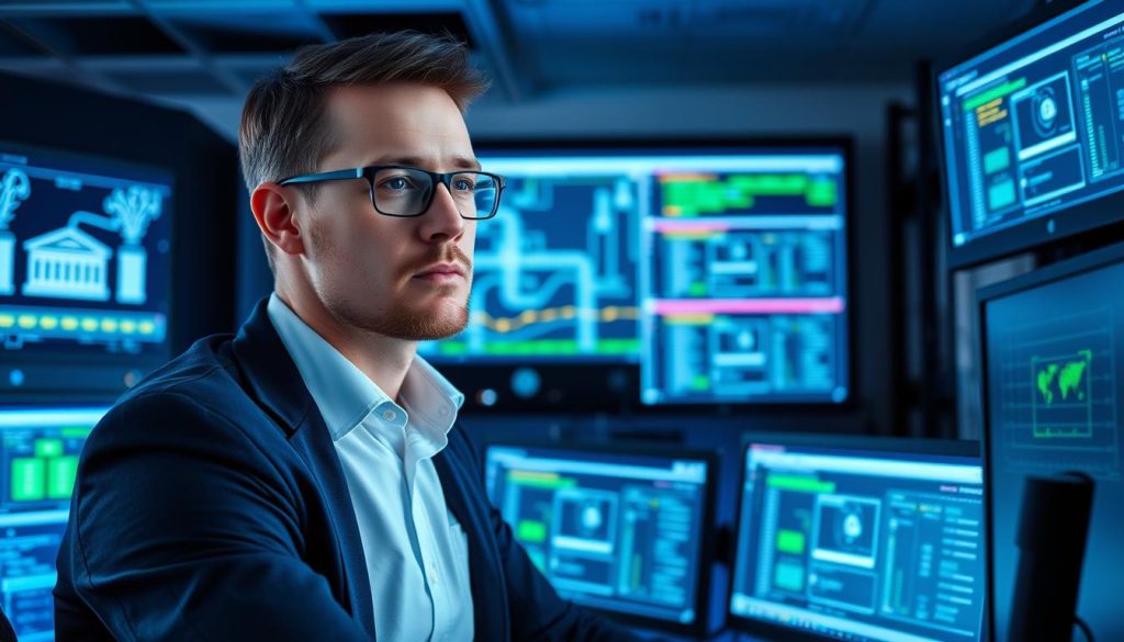 IT-spesialist fra Opsio overvåker systemer i et moderne datasenter med flere skjermer som viser løsninger for outsourcing av IT-drift