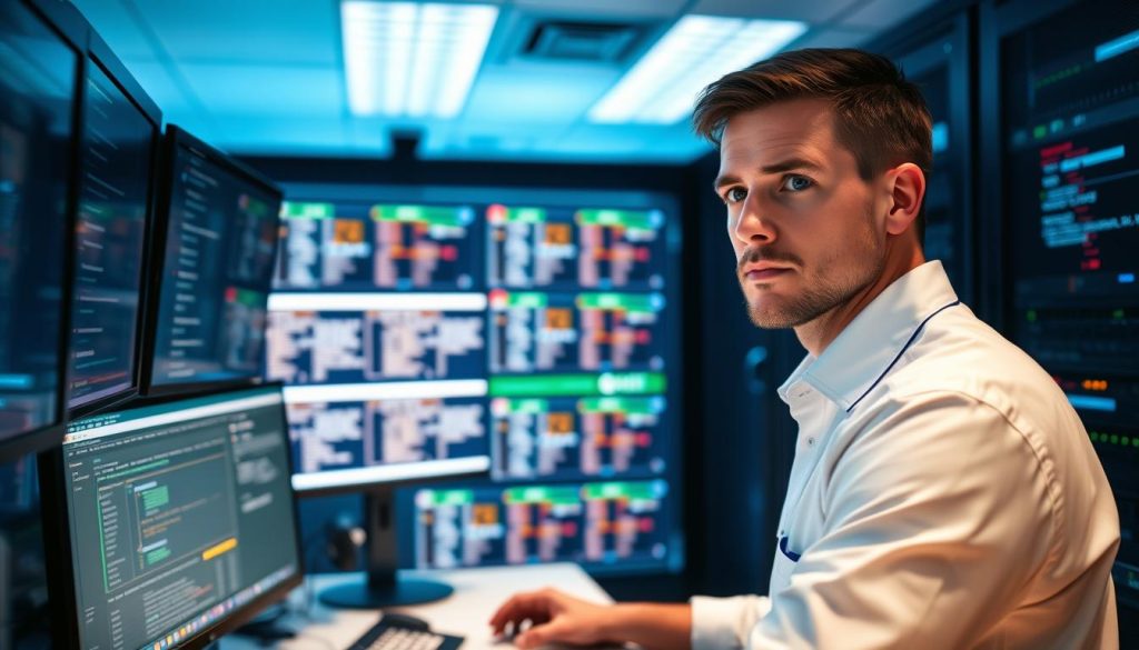 IT-specialist övervakar servrar i ett modernt datacenter med flera skärmar som visar driftstatus IT-specialist övervakar servrar i ett modernt datacenter med flera skärmar som visar driftstatus