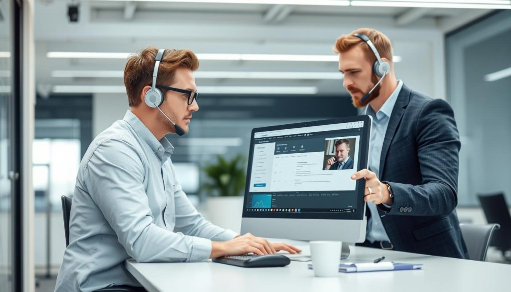 IT-support specialist från Opsio hjälper en klient med tekniska problem IT-support specialist från Opsio hjälper en klient med tekniska problem
