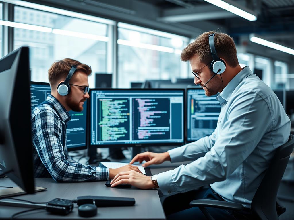IT-support team samarbetar för att lösa ett komplext tekniskt problem