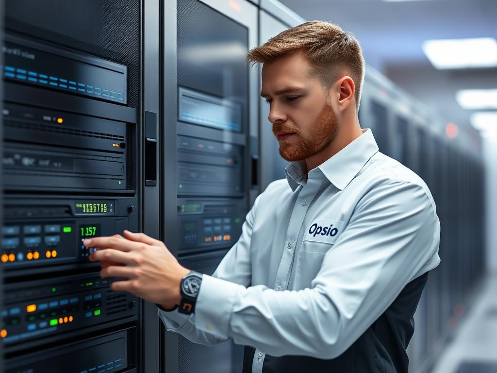 IT-support tekniker från Opsio arbetar med serverlösningar