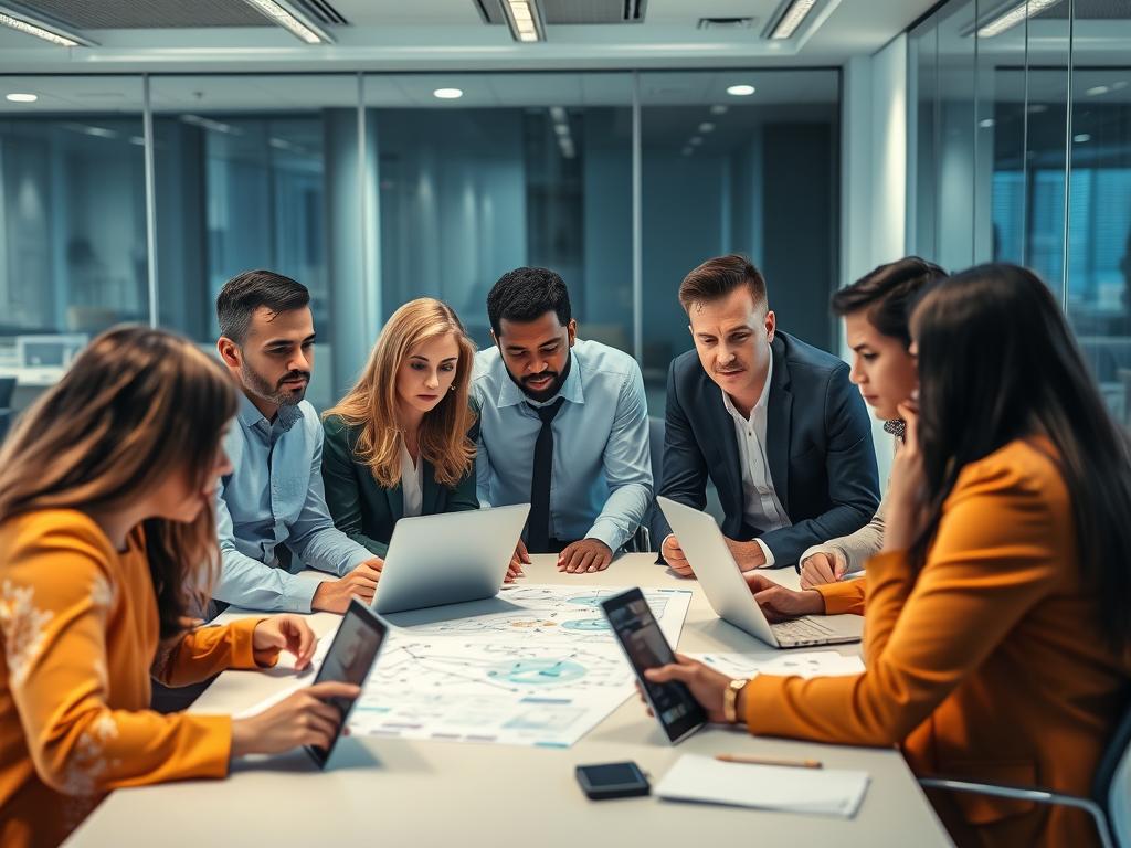 IT team discussing network security challenges around a conference table with diagrams