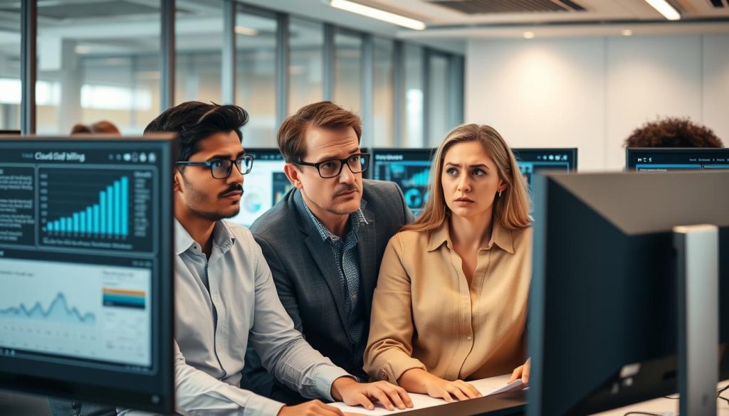 IT team looking frustrated while reviewing complex cloud billing dashboards across multiple screens IT team looking frustrated while reviewing complex cloud billing dashboards across multiple screens