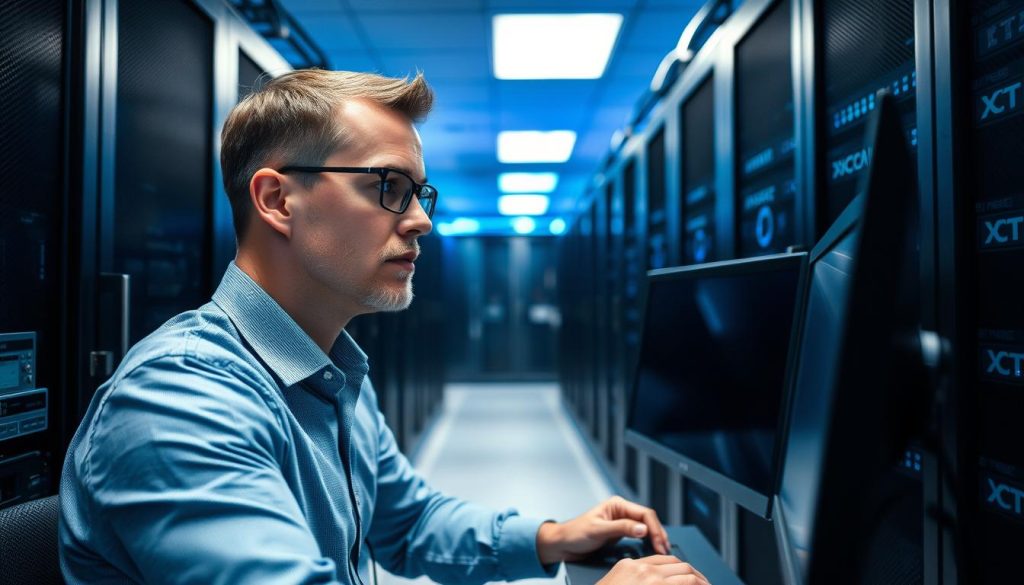 IT-tekniker som övervakar servrar i ett modernt datacenter för IT drift och support IT-tekniker som övervakar servrar i ett modernt datacenter för IT drift och support