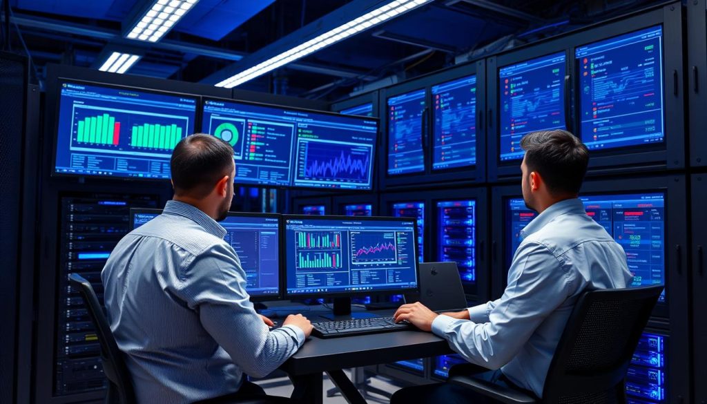 IT-tekniker som övervakar servrar i ett modernt datacenter, illustrerar IT drift outsourcing