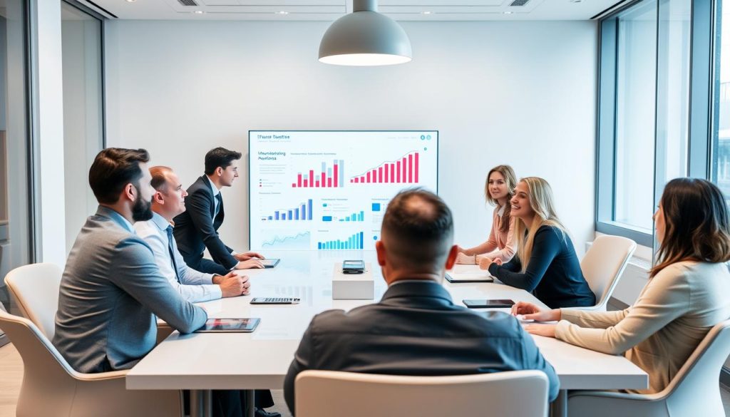 Ledningsgrupp som diskuterar strategiska fördelar med IT drift outsourcing