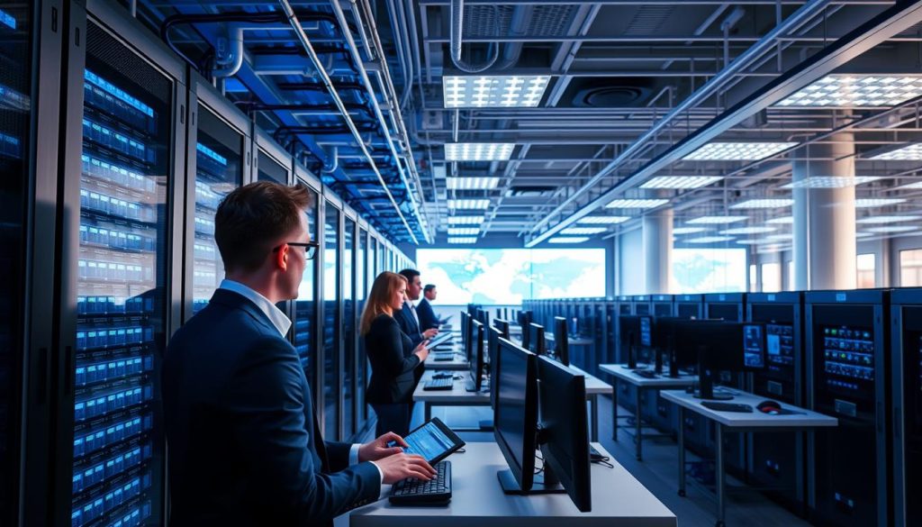 Molndatacenter med säkerhetspersonal som övervakar system