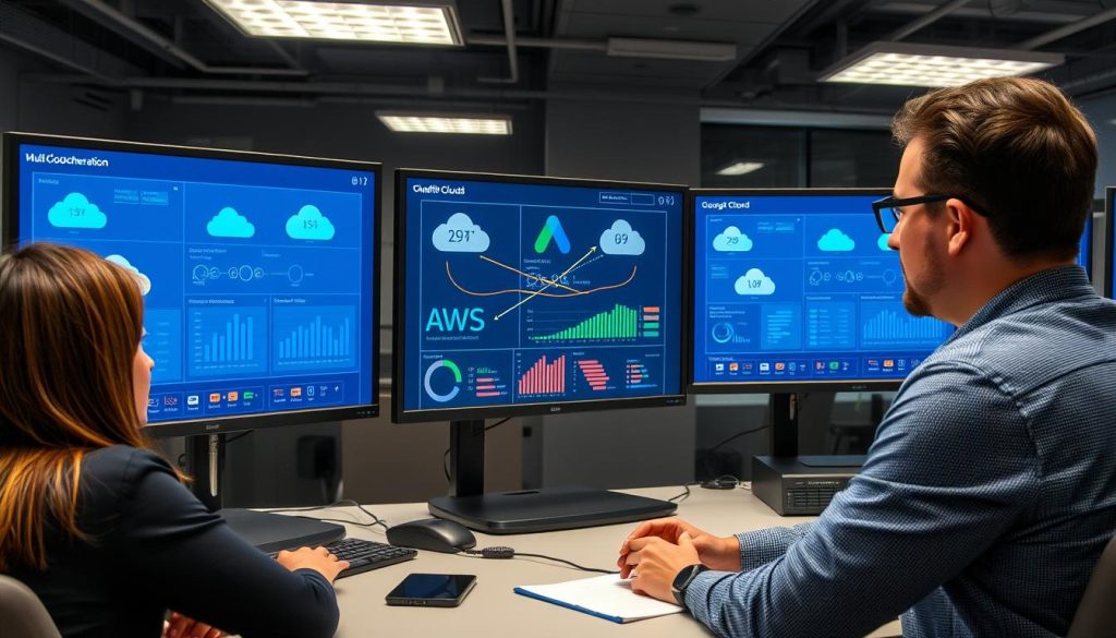 Multi-cloud orchestration dashboard being reviewed by IT professionals