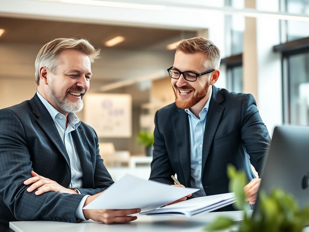 Nöjd företagsledare som diskuterar IT-strategi med Opsios konsult
