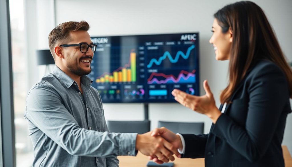 Nöjd kund som diskuterar positiva resultat efter att ha implementerat IT drift outsourcing