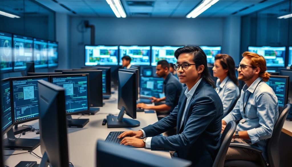 Operations center with IT professionals monitoring cloud infrastructure