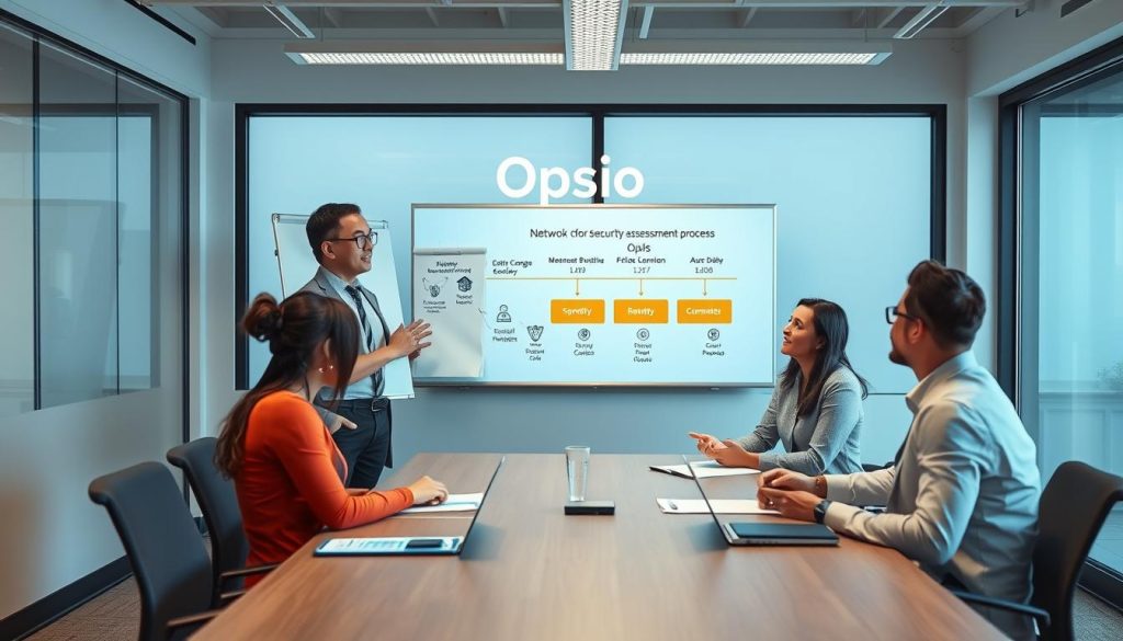 Opsio consultant discussing network security assessment implementation with client team