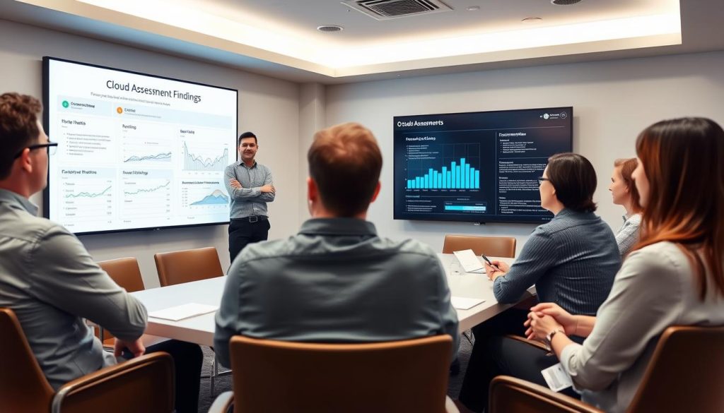 Opsio consultant presenting cloud assessment findings to client team