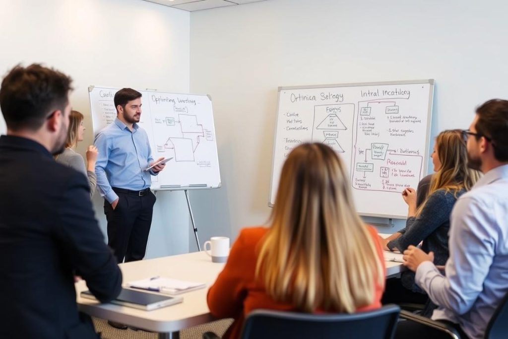 Opsio facilitator leading a cloud optimization workshop with client team