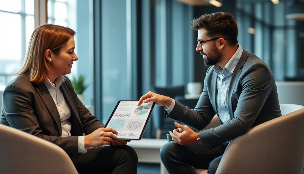 Opsio security professional explaining assessment findings to a client