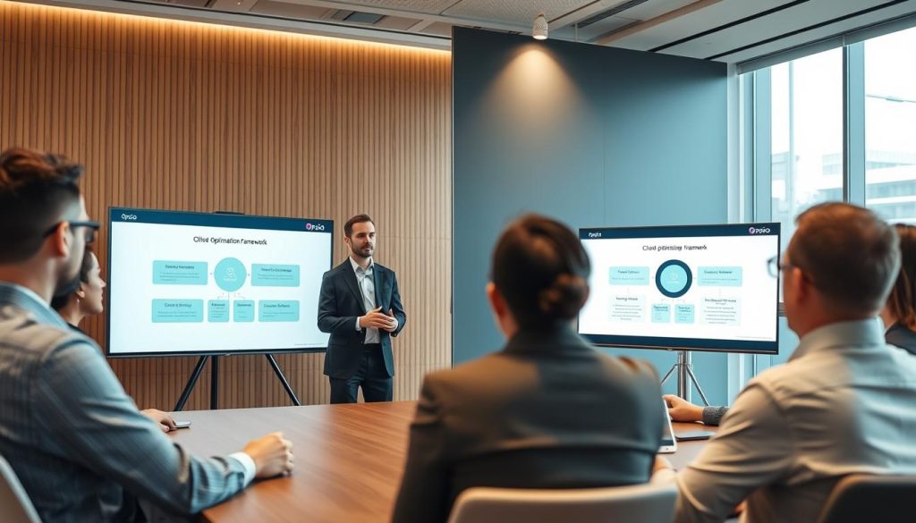 Opsio team presenting their cloud optimization framework to clients