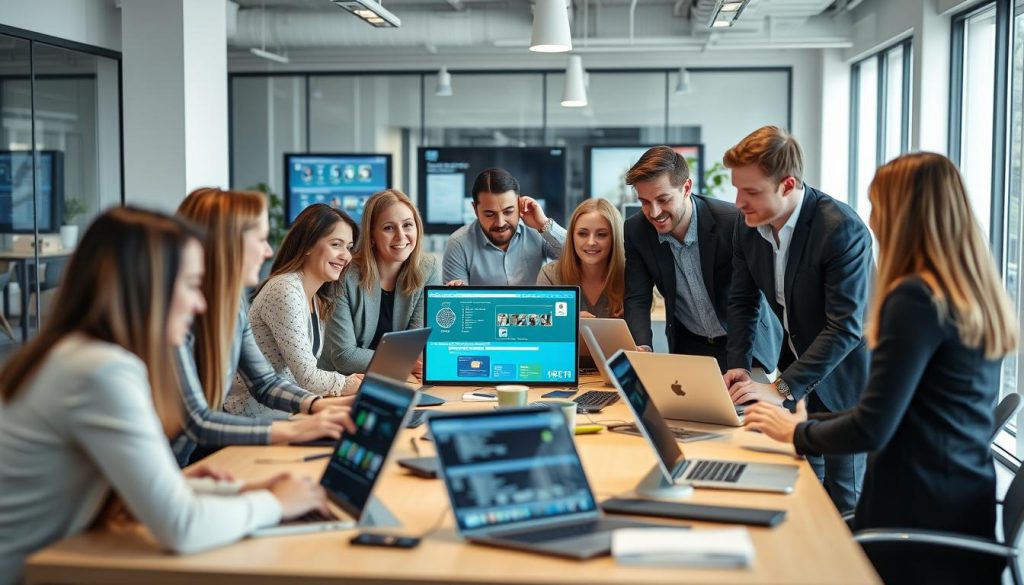 Opsios IT-team som samarbetar i ett modernt kontorslandskap kring IT drift och support