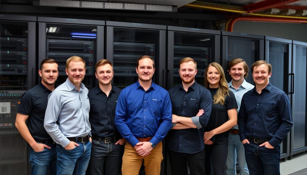 Opsios team av IT-drift specialister framför moderna servrar