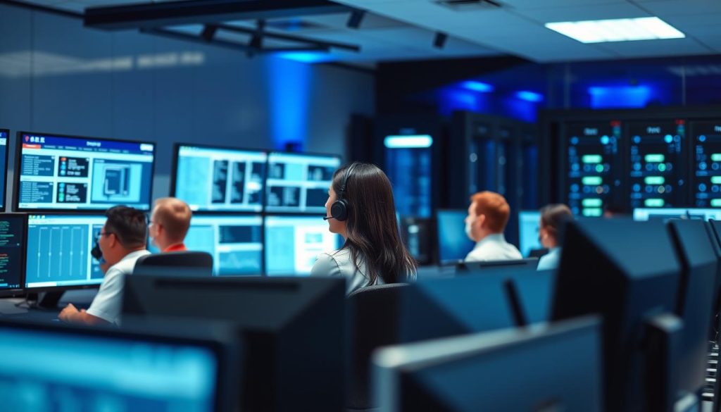 Opsios team av IT-experter som arbetar i ett modernt kontrollcenter för IT drift outsourcing