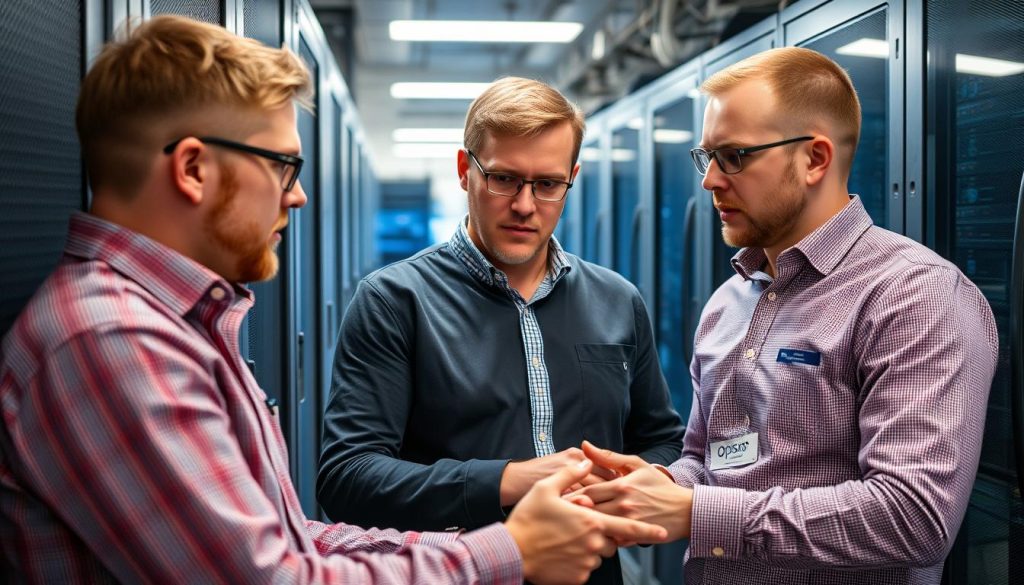 Opsios tekniska experter samarbetar kring en server i ett datacenter