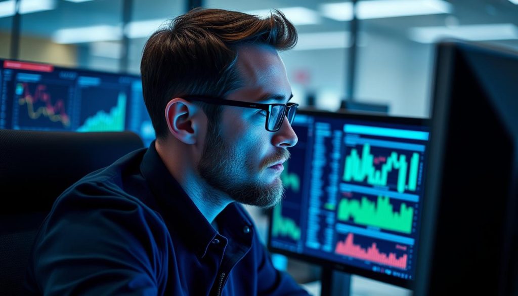 Person som analyserar cybersäkerhetsrisker på datorskärm