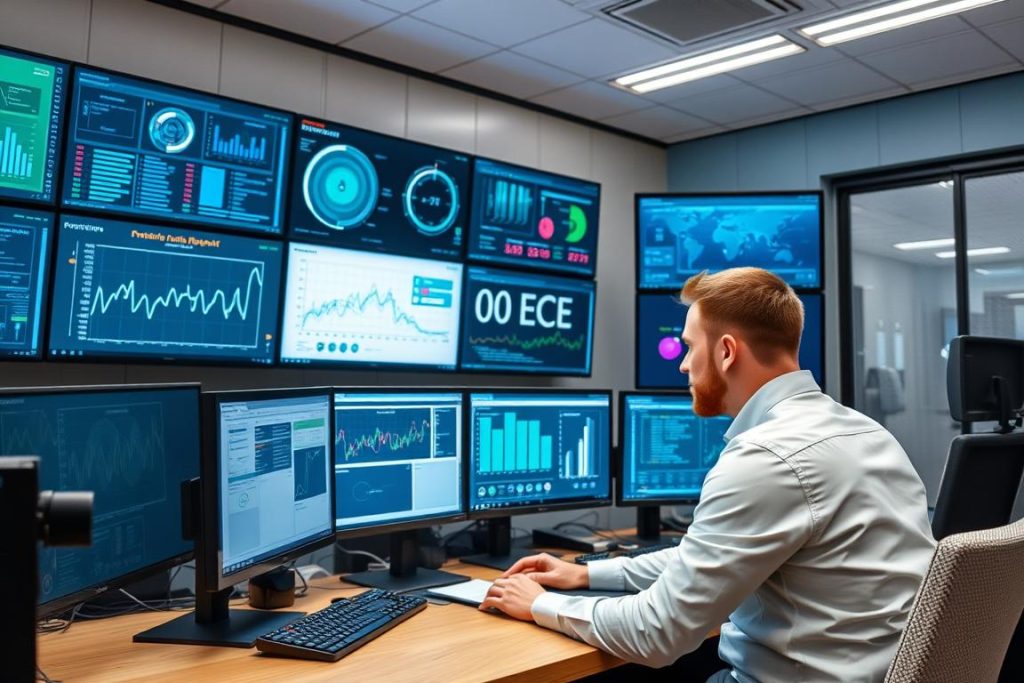 Proaktiv IT-support övervakning på flera skärmar i ett kontrollrum