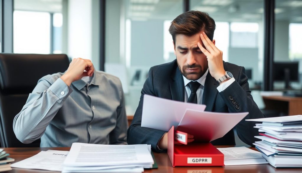 Professional reviewing compliance documentation with concerned expression