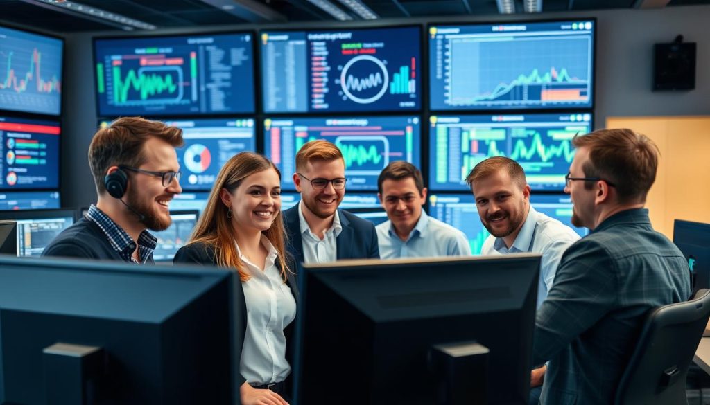 Et profesjonelt team fra Opsio jobber med outsourcing av IT-drift i et moderne kontrollrom