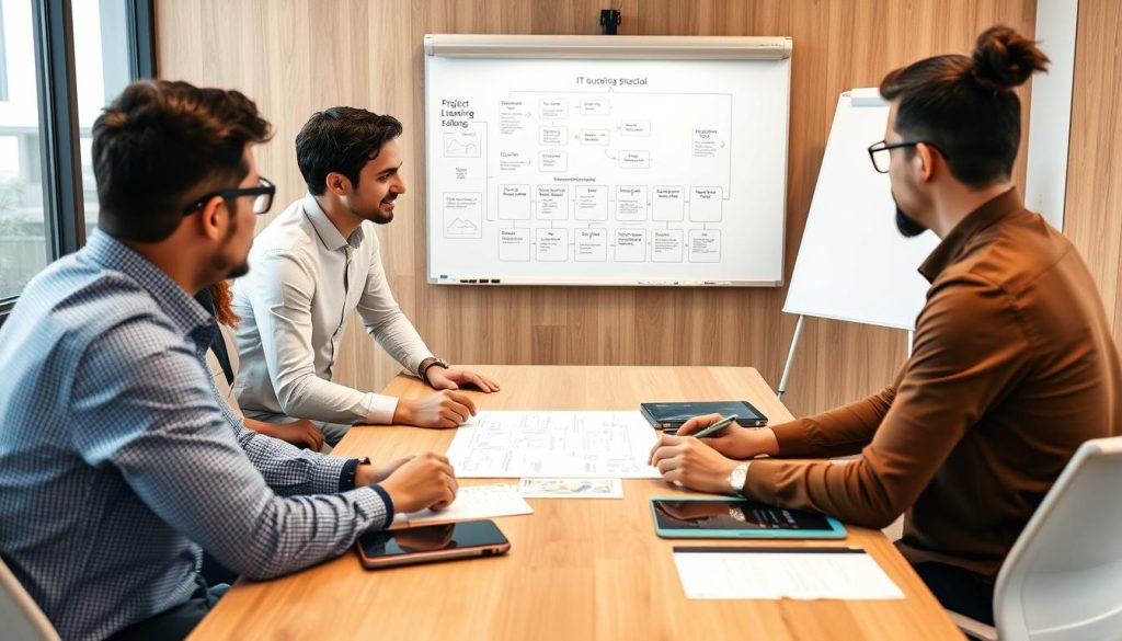 Projektteam som planerar implementering av IT drift outsourcing med processdiagram