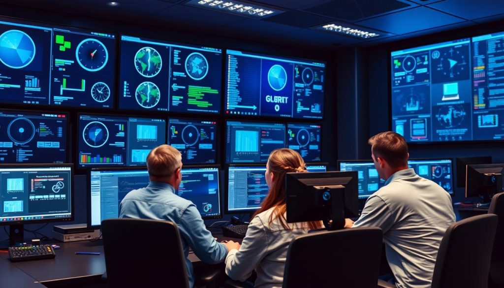 Säkerhetscenter för IT-drift med flera skärmar som visar säkerhetsövervakning