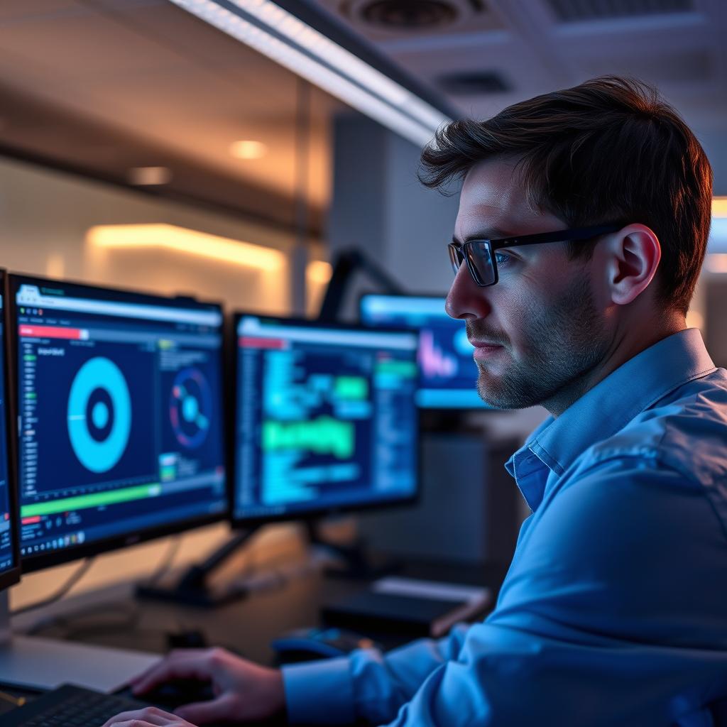 Säkerhetscenter med IT säkerhet monitorer som visar realtidsövervakning