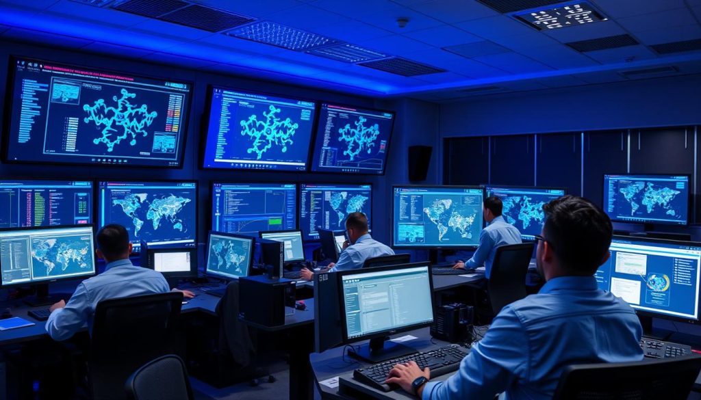 Security operations center with professionals monitoring network security in real-time