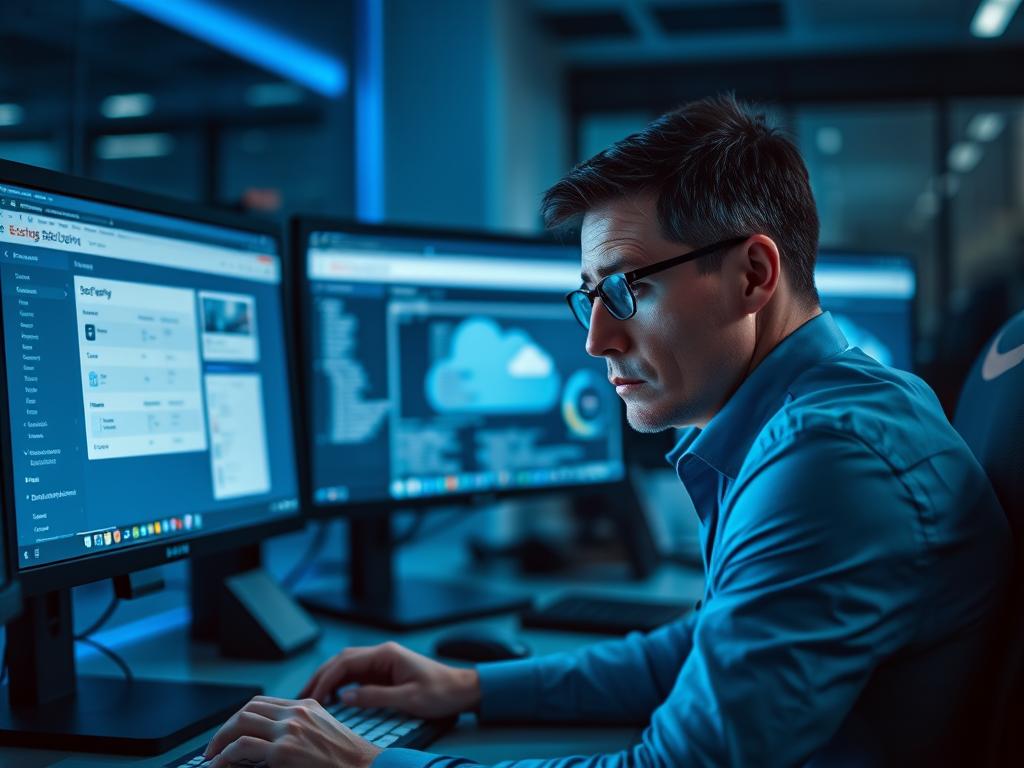 Security professional analyzing multiple cloud platforms on computer screens