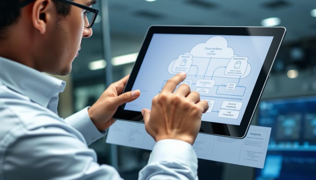 Security professional reviewing cloud architecture diagram